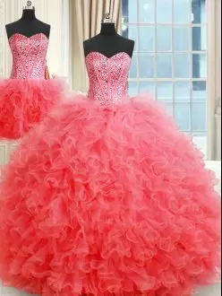 Shining Floor Length Ball Gowns Sleeveless Coral Red 15 Quinceanera Dress Lace Up