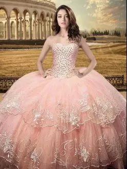 Ideal Peach Sleeveless Beading and Embroidery Floor Length Quinceanera Gown