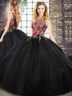 Elegant Sleeveless Floor Length Embroidery Zipper 15th Birthday Dress with Black