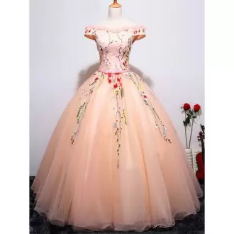 Custom Made Puffy Sweet 16 Quinceanera Dress Peach Off The Shoulder Tulle Sleeveless Floor Length Lace Up