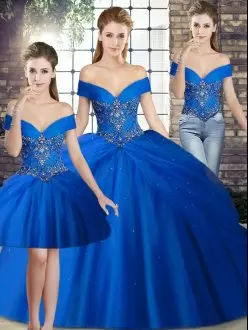 Fabulous Tulle Off The Shoulder Sleeveless Brush Train Lace Up Beading and Pick Ups Vestidos de Quinceanera in Royal Blue
