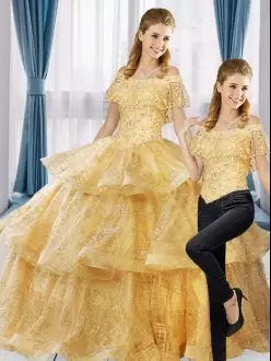 Off The Shoulder Sleeveless Quince Ball Gowns Floor Length Beading and Lace and Sequins Gold Sequined