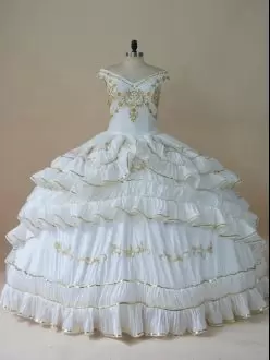 Mexican Themed White Taffeta Off the Shoulder Sweet 16 Quinceanera Dress with Gold Embroidery