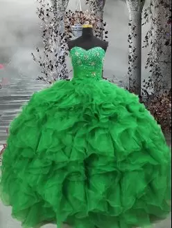 Sexy Green Lace Up Quince Ball Gowns Beading and Ruffles Sleeveless Floor Length