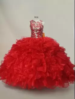 Red Sleeveless Floor Length Ruffles and Sequins Lace Up 15th Birthday Dress Scoop