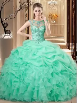 Perfect Apple Green Organza Lace Up Scoop Sleeveless Floor Length Ball Gown Prom Dress Beading and Ruffles