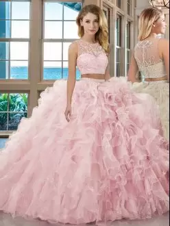 Baby Pink Two Pieces Organza Scoop Sleeveless Beading and Ruffles Floor Length Zipper Quinceanera Gown