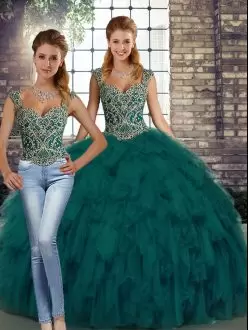 Charming Peacock Green Straps Neckline Beading and Ruffles Quinceanera Gown Sleeveless Lace Up