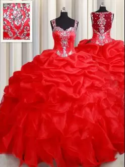 Red Zipper Straps Beading and Ruffles Vestidos de Quinceanera Organza Sleeveless
