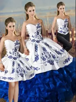 Sweet Sleeveless Satin and Organza Floor Length Lace Up Vestidos de Quinceanera in Blue And White with Embroidery and Ruffles