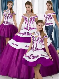 Clearance White And Purple Sleeveless Embroidery Floor Length Sweet 16 Quinceanera Dress