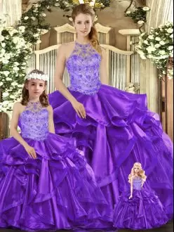 Low Price Purple Organza Lace Up Quinceanera Gown Sleeveless Floor Length Beading and Ruffles