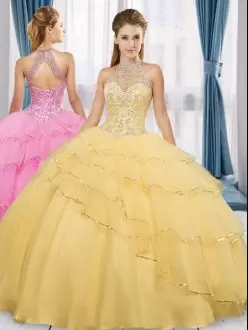 Gold 15 Quinceanera Dress Sweet 16 and Quinceanera with Beading and Ruffles High-neck Sleeveless Lace Up