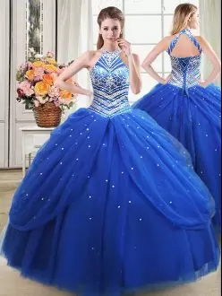 Fine Halter Top Sleeveless Tulle Vestidos de Quinceanera Beading and Pick Ups Lace Up