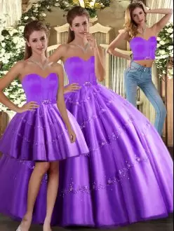 Customized Purple Ball Gowns Tulle Sweetheart Sleeveless Beading Floor Length Lace Up Quinceanera Gowns