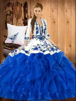 Sweetheart Sleeveless Lace Up 15th Birthday Dress Blue Satin and Organza Ruffles