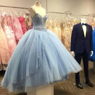 Brush Train Ball Gowns 15th Birthday Dress Aqua Blue Spaghetti Straps Tulle Sleeveless With Train Lace Up