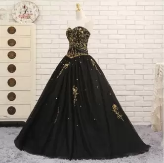 Custom Made Black Sweetheart 15 Quinceanera Dress with Gold Embroidery and Beading