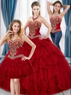 Sweet Red Ball Gowns Tulle Sweetheart Sleeveless Beading and Ruffles Floor Length Lace Up Quince Ball Gowns