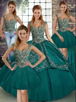 Teal Straps Lace Up Beading and Embroidery Quinceanera Dresses Sleeveless