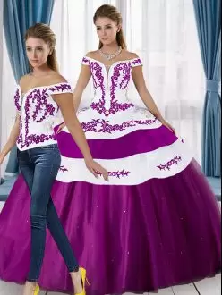 Two Piece White and Purple Off Shoulder Satin Embroidery Quinceanera Dress