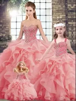 Sleeveless Beading and Ruffles Lace Up Quince Ball Gowns with Watermelon Red Brush Train