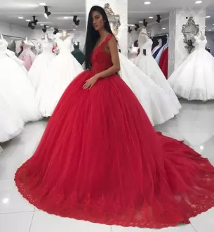 Simple Red Straps V Neck Brush Train Lace Quinceanera Gown On Sale