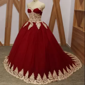 Affordable Wine Red Satin and Tulle Sweetheart Quinceanera Dress with Tail Gold Appliques and Ruching