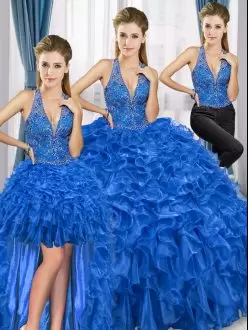 Admirable Royal Blue Organza Lace Up Halter Top Sleeveless Floor Length Vestidos de Quinceanera Beading and Ruffles