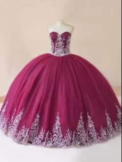 Custom Made Burgundy Tulle Lace Up Quince Ball Gowns with Silver Embroidery