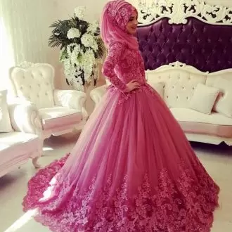 Magenta-pink Muslim Long Sleeve Lace Quinceanera Dress with Train