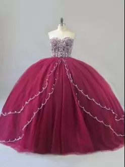 Sweetheart Sleeveless Brush Train Lace Up Quince Ball Gowns Burgundy Tulle Beading