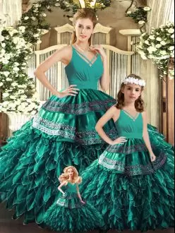 Turquoise Organza and Satin Appliques and Ruffles Quinceanera Dress with Straps
