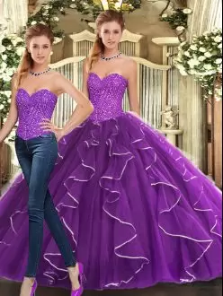 Shining Floor Length Eggplant Purple Vestidos de Quinceanera Sweetheart Sleeveless Lace Up