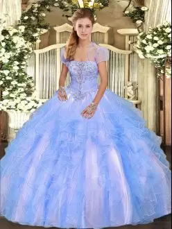 Baby Blue Lace Up Quince Ball Gowns Appliques and Ruffles Sleeveless Floor Length
