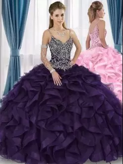 Purple Lace Up 15 Quinceanera Dress Beading and Ruffles Sleeveless Floor Length