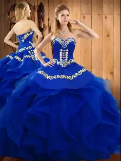 Blue Lace Up Sweetheart Embroidery and Ruffles Quinceanera Gown Organza Sleeveless