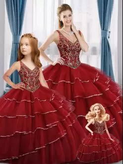 Red Ball Gowns Beading and Ruffled Layers Vestidos de Quinceanera Lace Up Tulle Sleeveless High Low