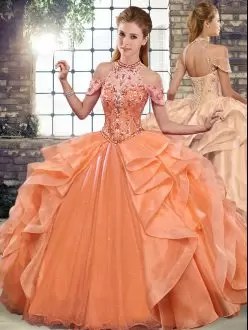 Captivating Orange Sleeveless Beading and Ruffles Floor Length Quinceanera Dress