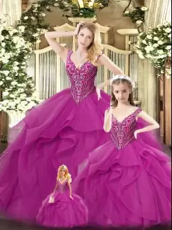 Suitable Beading and Ruffles Quince Ball Gowns Fuchsia Lace Up Sleeveless Floor Length