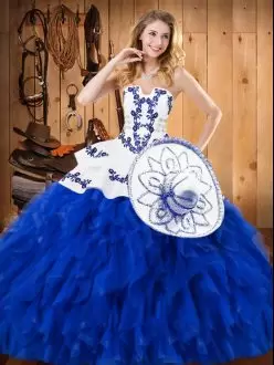 Blue And White Satin and Organza Ruffles Quinceanera Dress with Embroidery