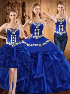 Floor Length Royal Blue Vestidos de Quinceanera Organza Sleeveless Embroidery and Ruffles