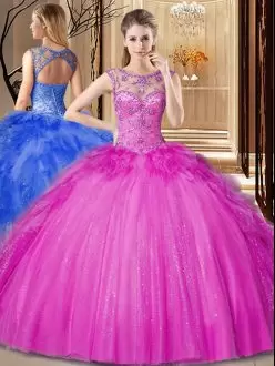 Scoop Sleeveless Vestidos de Quinceanera Floor Length Beading and Ruffles Hot Pink Tulle