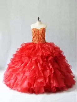 Beauteous Red Organza Lace Up Sweetheart Sleeveless Floor Length 15 Quinceanera Dress Beading and Ruffles