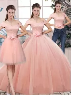 Trendy Three Pieces Quinceanera Dress Pink Off The Shoulder Tulle Short Sleeves Floor Length Lace Up