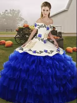Elegant Ball Gowns Sweet 16 Dresses Royal Blue Off The Shoulder Organza Sleeveless Floor Length Lace Up