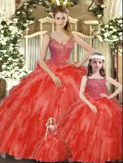 Smart Sleeveless Organza Floor Length Lace Up Quinceanera Dress in Red with Beading and Ruffles
