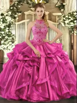 Halter Top Beading and Embroidery Ruffled Skirt Quinceanera Gown