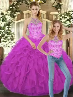 Sleeveless Floor Length Beading and Ruffles Lace Up Sweet 16 Dress with Fuchsia