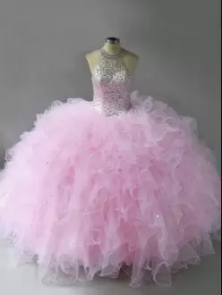 Luxury Tulle Sleeveless Floor Length Sweet 16 Quinceanera Dress and Beading and Ruffles